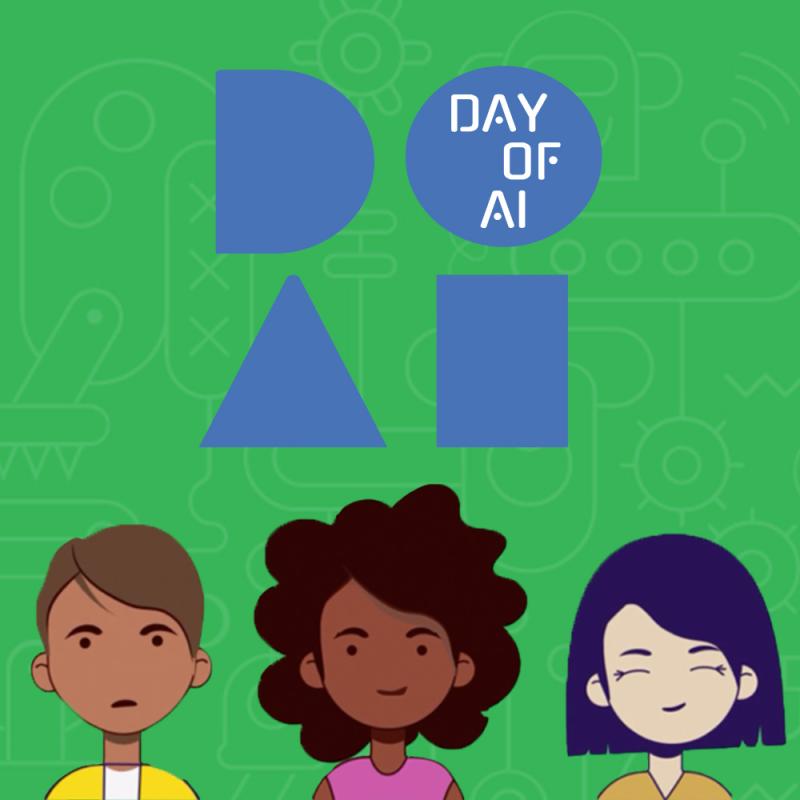 The Day of AI logo, with a green background and cartoon illustrations of children.