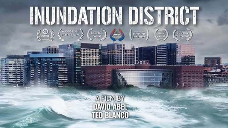 The film poster for Inundation District, featuring a depiction of a city partly submerged in water from rising sea level.