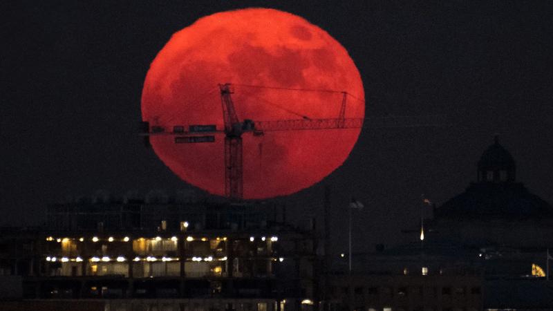 The Pink Moon over a construction site