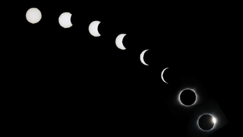 A total solar eclipse showing each phase