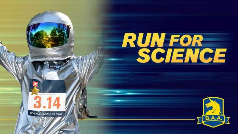 A marathon runner wearing a space helmet. To the right are the words "Run for Science" in yellow.