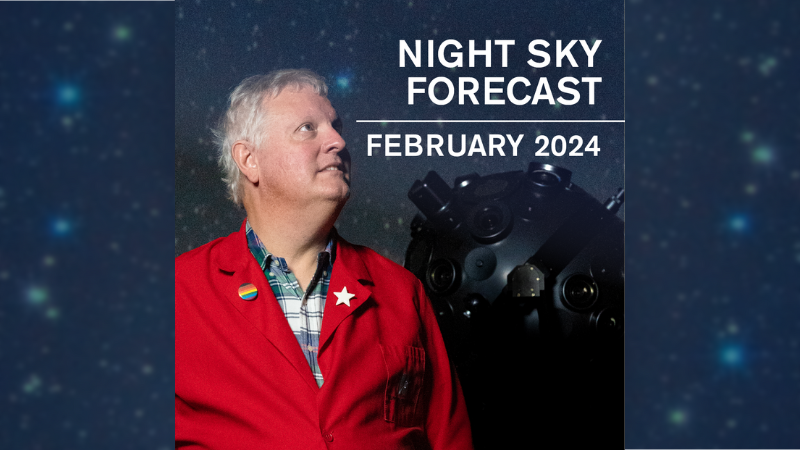 Chuck Wilcox in front of the planetarium projector with text "Night Sky Forecast February 2024"