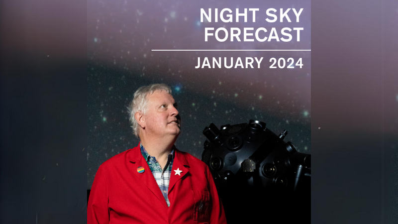 Chuck Wilcox in front of the planetarium projector with text "Night Sky Forecast January 2024"