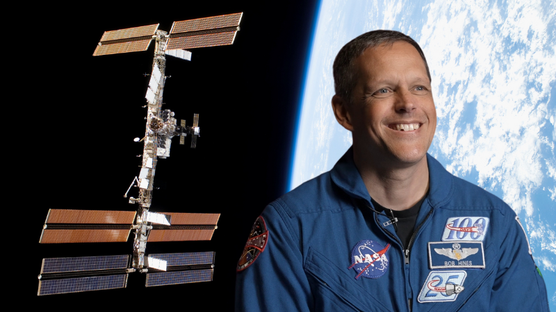 Astronaut Bob Hines in front of the ISS and Earth
