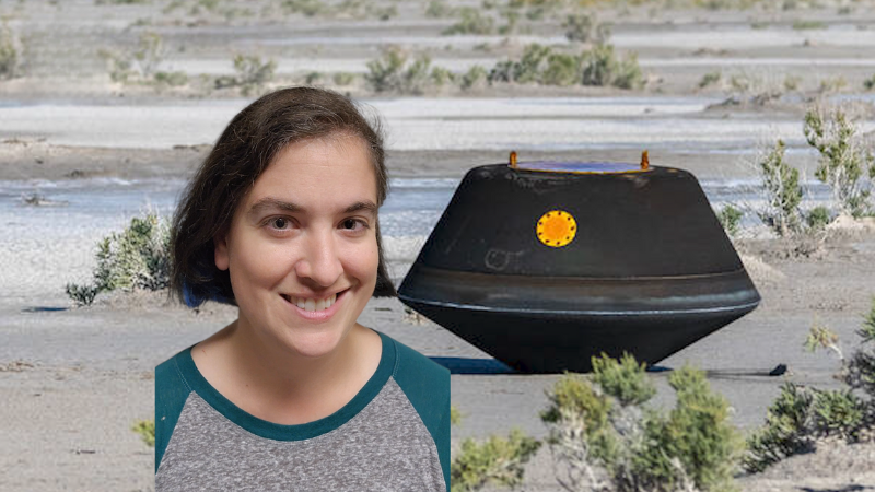 Talia in front of the OSIRIS-REx capsule in the desert