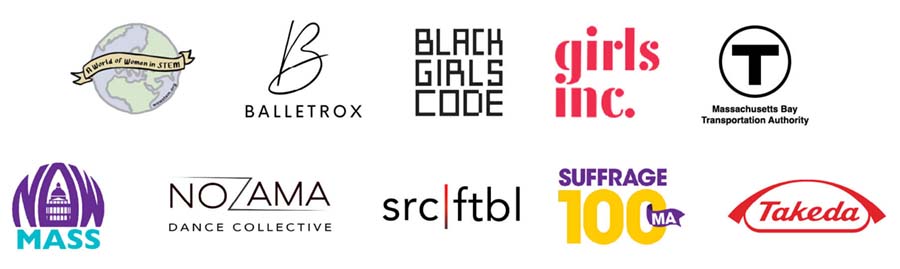 Logos for WOWSTEM, Balletrox, Black Girls Code, Girls Inc., Mass Bay Transportation Authority, Now Mass, Nozama Dance Collective, src|ftbl, Suffrage 100, and Takeda.