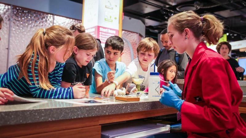 A group of children with and museum educator at the Biogen Exploration Hub