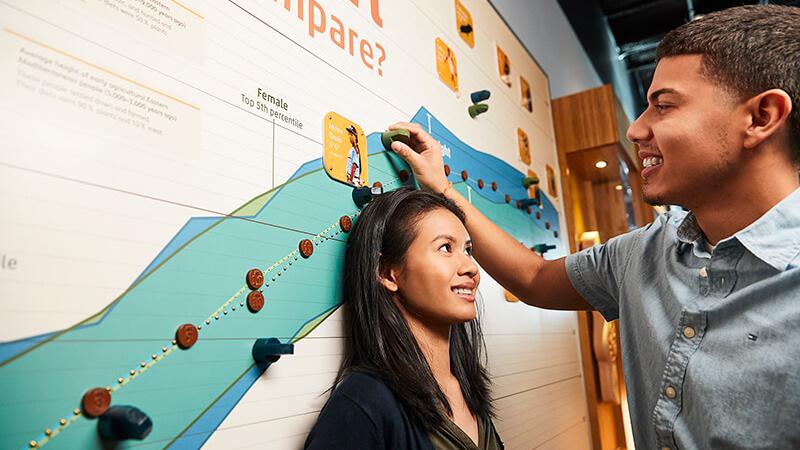 Two young professionals in an exhibit at the Museum of Science.