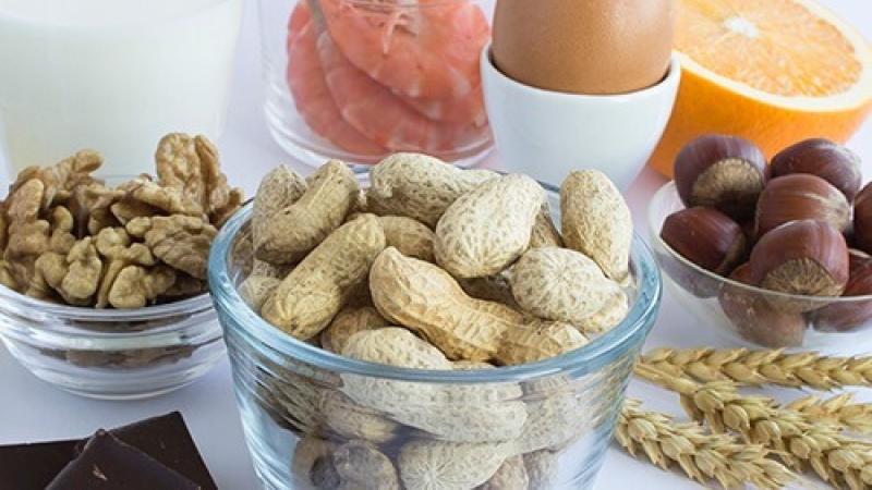 Small bowls with nuts and grains in them.