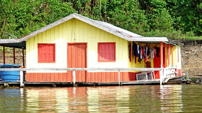 A house floating on the water.