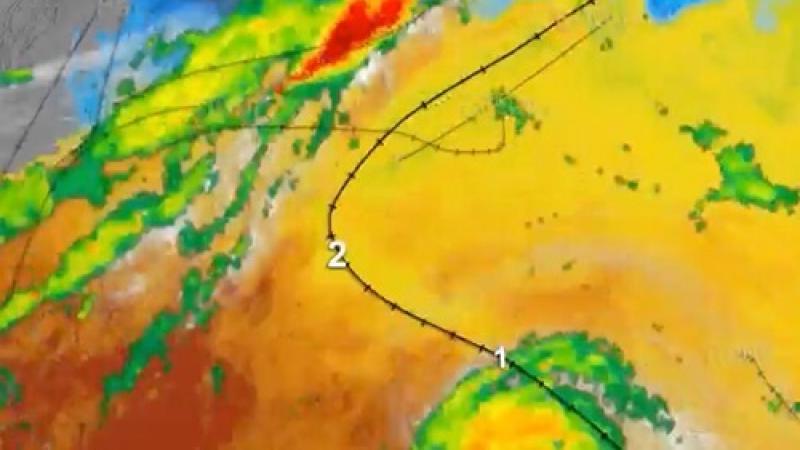 A weather map showing radar of a rain storm.
