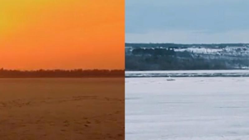 A split view showing a hot field and a snow covered field.