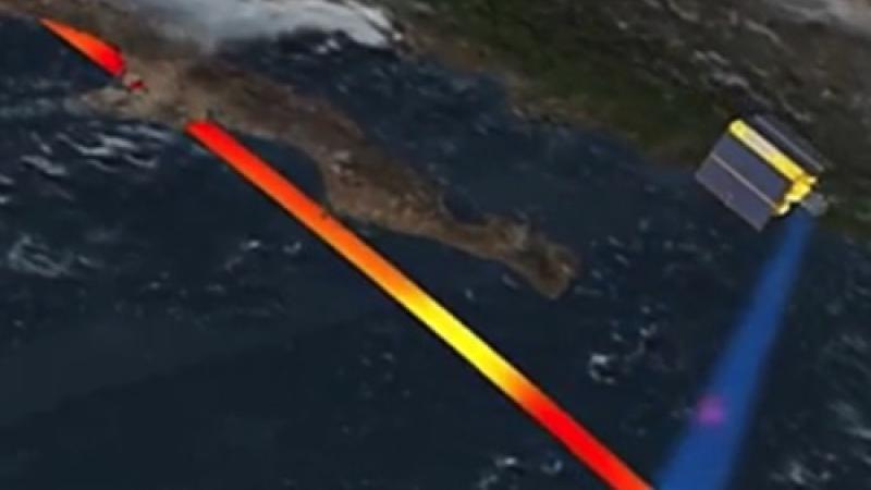 A map showing a satelite measuring Sea level rise.
