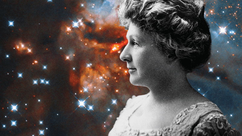 A black and white photo of Annie Jump Cannon against a photo of a galaxy