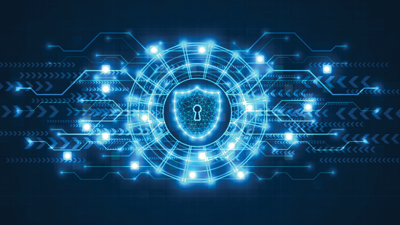 Thin, glowing blue lines encircle a lock against a blue background