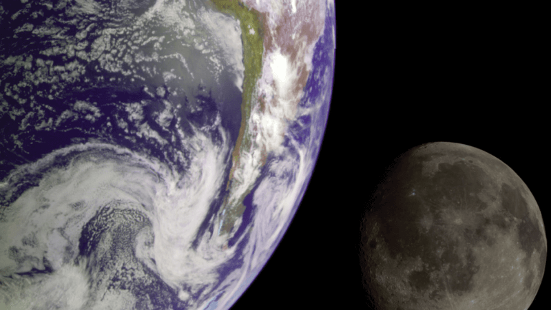 The Earth with the Moon in the background as seen from space