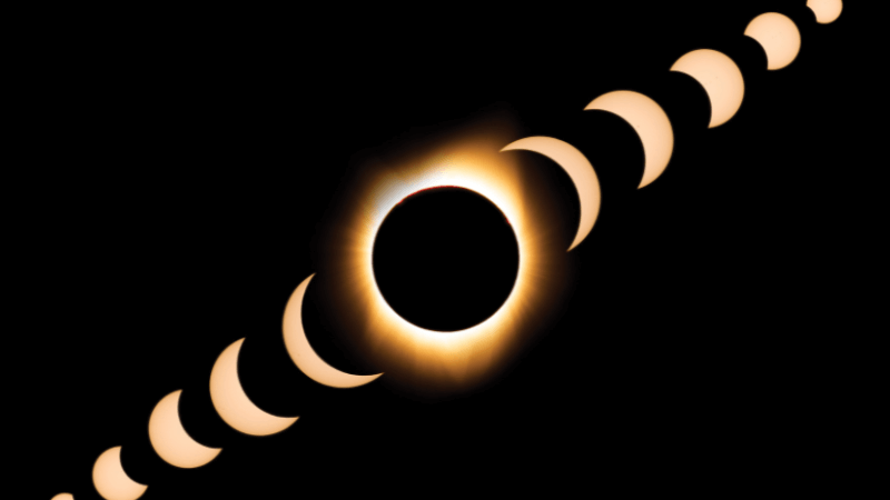 A solar eclipse is shown as all it's stages against a black background