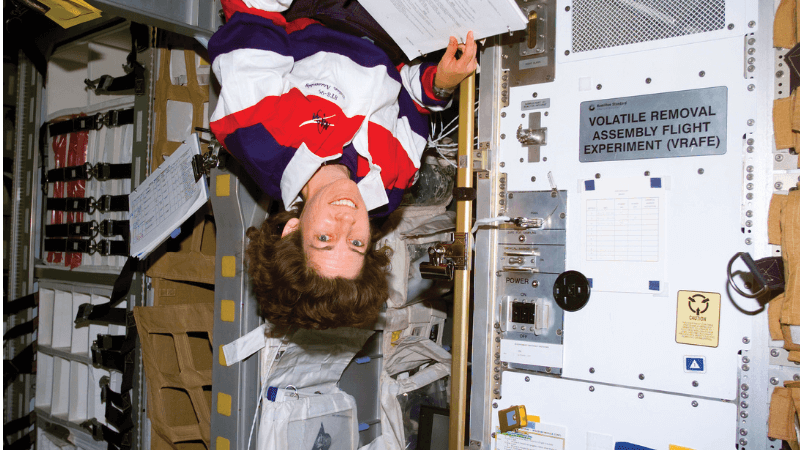 Astronaut Ellen Ochoa upside down in the ISS