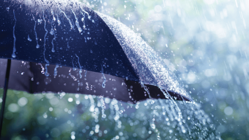 An umbrella blocks rain during a storm