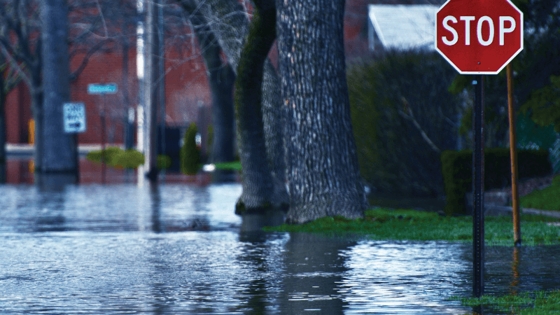 A flooded street with a partially submerged stop sign