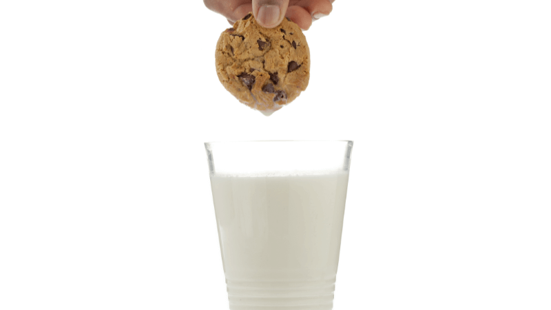 A chocolate chip cookie held over a glass of milk