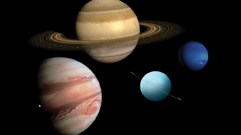 Jupiter, Saturn, Uranus, and Neptune on a black background