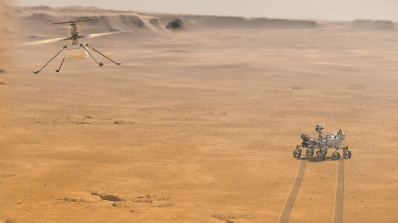 Perseverance, a Mars rover, and Ingenuity, a Martian helicopter, travel on Mars