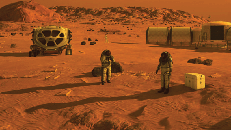 An artist's rendering of astronauts on Mars with a rover, shelter, and supplies