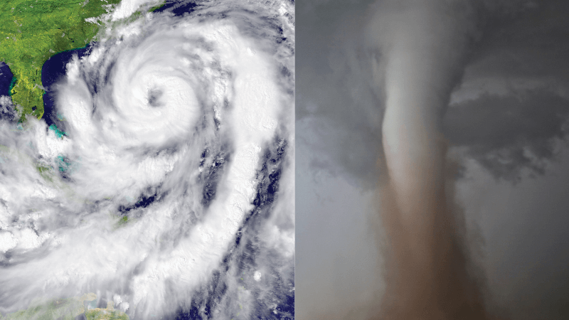 One half shows a hurricane approaching the US and the other half shows a tornado