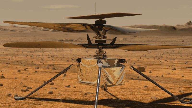 An artist's concept of Ingenuity, a Martian helicopter, on Mars
