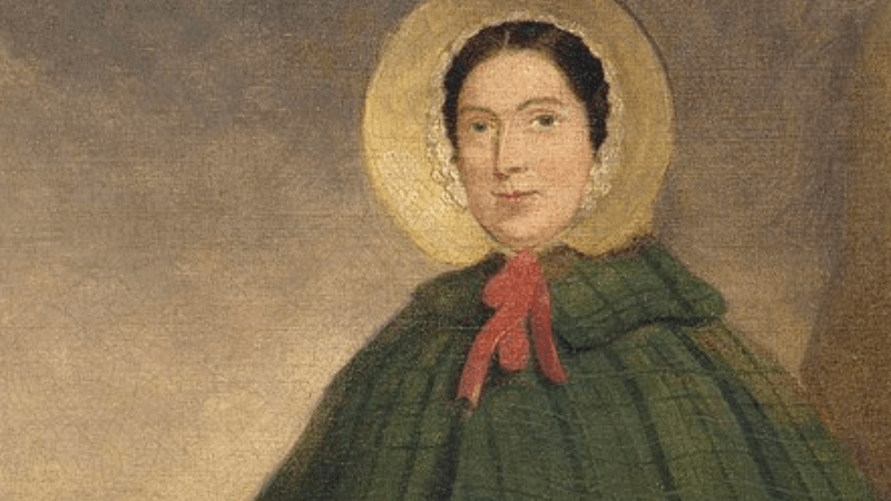 A painting of Mary Anning in a bonnet and green cloak