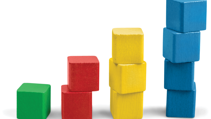 Four stacks of blocks sorted by color and stack to increasing amounts