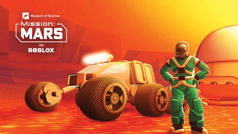 A Roblox astronaut stands next to a Mars rover