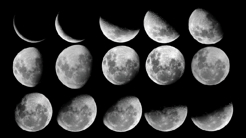 The moon on a black background showing all the moon's phases