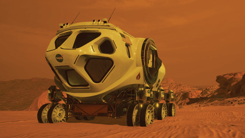 An artist's concept of a large, futuristic rover on Mars