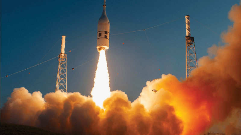 A rocket takes off in a cloud of orange smoke