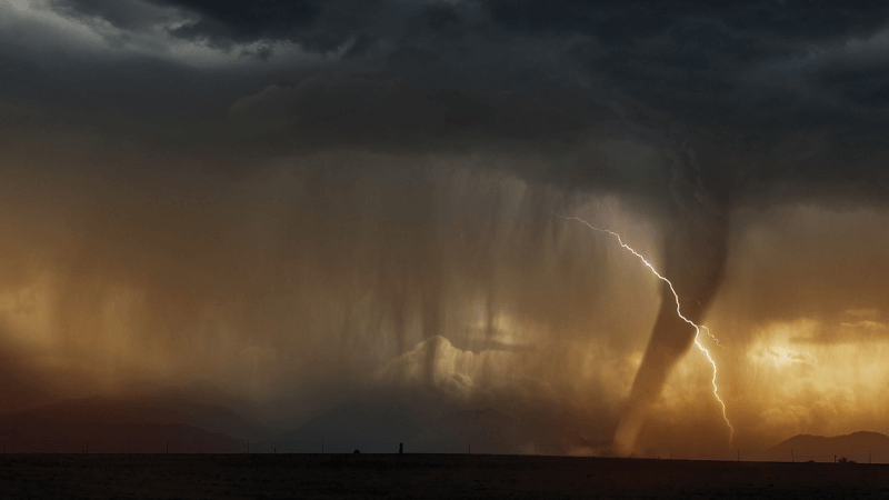 A tornado, rain, and lighting happen at the same time