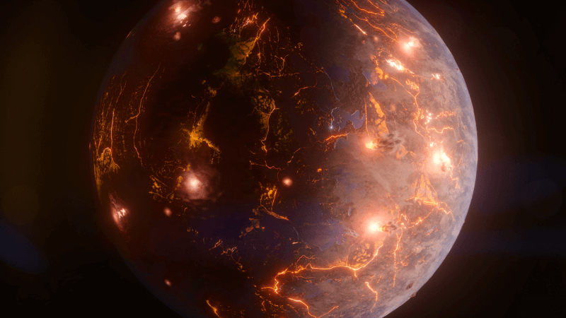 A digital illustration of a planet covered in lava and volcanoes