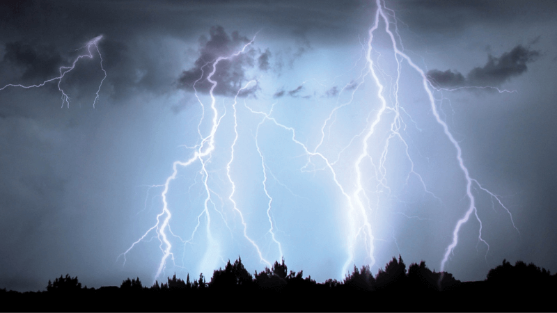 Bolts of lighting strike trees seen from a distance