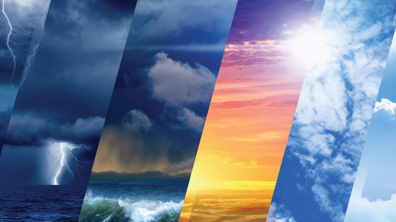 Images of different weather including rain, lightning, sun, and clear skies are shown in a collage of images