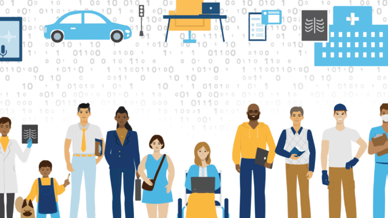 Cartoon people of different ages stand in a line with 1s and 0s in the background on a white background