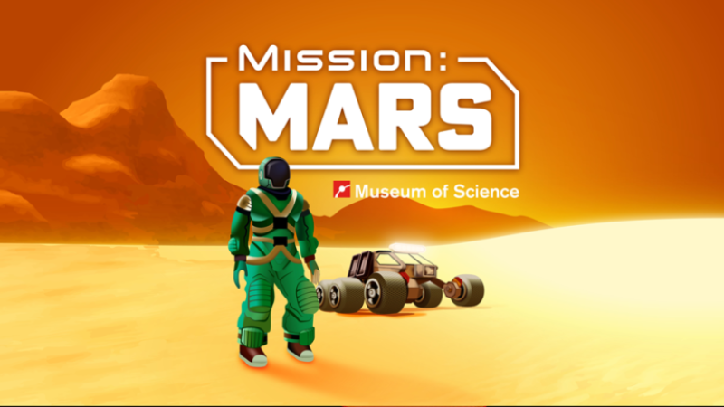 A player in a green spacesuit standing on Mars with a rover behind them.