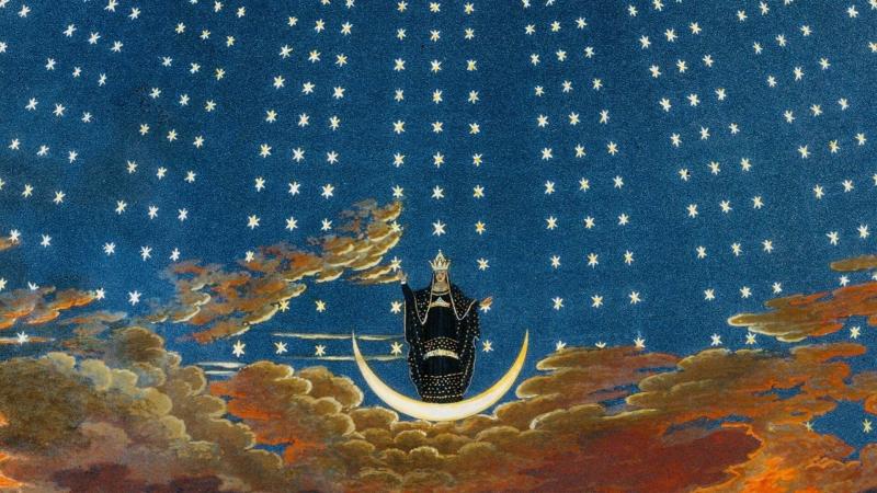An image of a figure standing on a crescent moon, in a dome covered in stars.