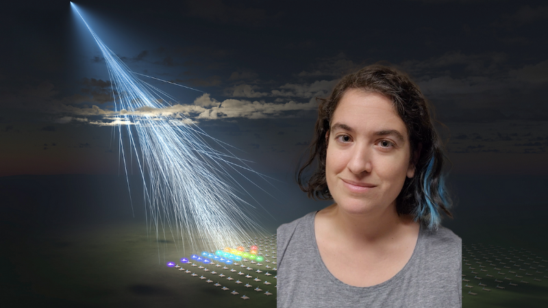 Talia in front of an artist visualization of the Amaterasu Particle