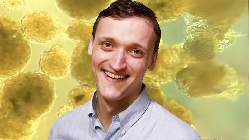 Bioengineer Mark Skylar-Scott in front of heart cells
