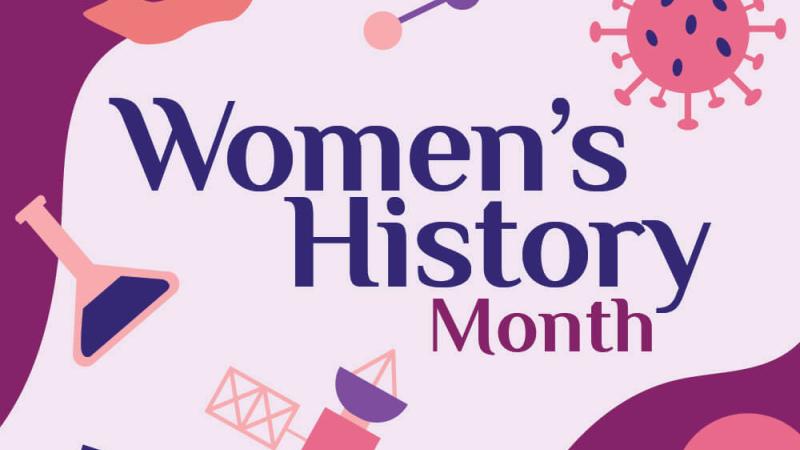 Women's History Month in text with various science-themed icons around it in pinks, purples and coral colors.