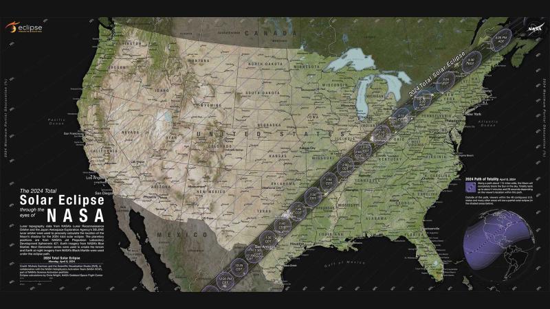 A map of the path of totality for the Arpil 8 2024 solar eclipse.