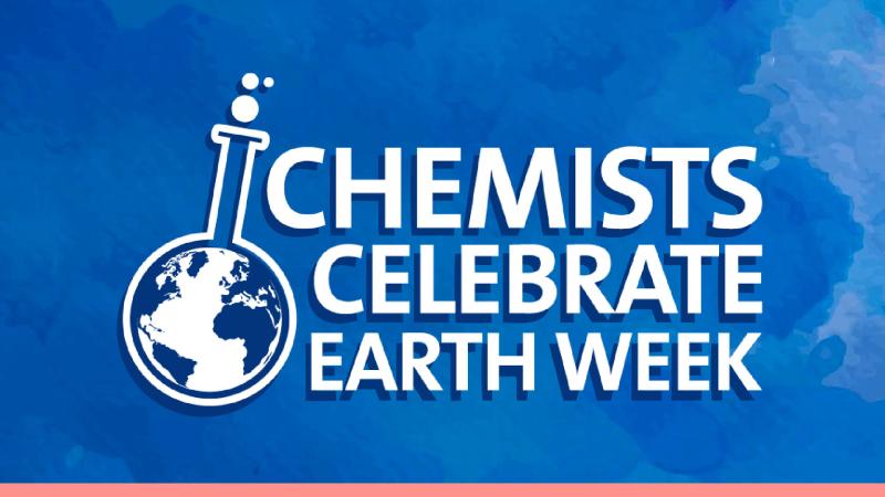 A illustration of a beaker with a globe inside it, to the right are the words "Chemists Celebrate Earth Week".
