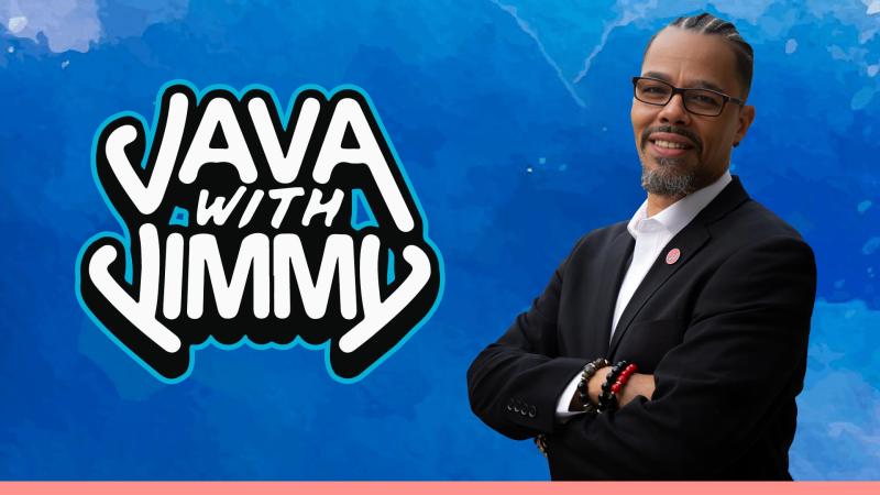 The Java with Jimmy logo, with a headshot of the show's host, James Hills, to the right.