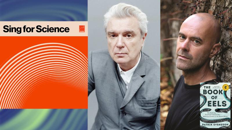 A collage with: the Sing for Science podcast logo, David Byrne, Byrne and author Patrik Svensson.